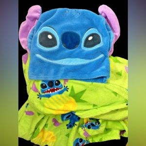 Disney Parks Lilo Stitch Blanket with Hood Green Blue Plush